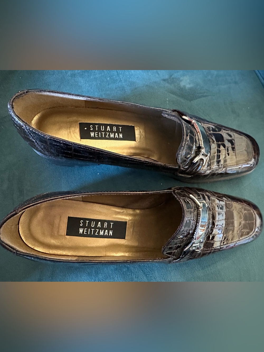 Stuart Weitzman Brown Croc Embossed Horsebit Loafer Heels 9.5 AA - Picture 8 of 16
